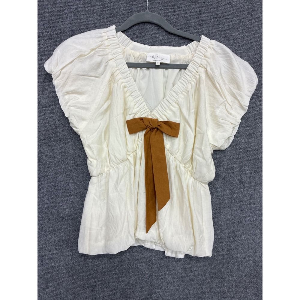 La February Cream V-Neck Puff Sleeve Bow Blouse Top Medium E2198T